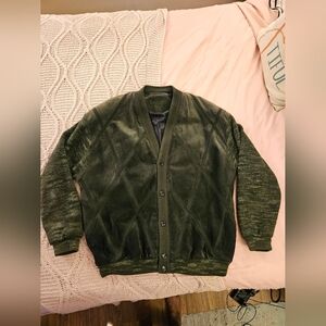 VTG Saxony Collection Mens Leather Cadigan Sweater Hip‎ Hop Textured 3D Green Xl